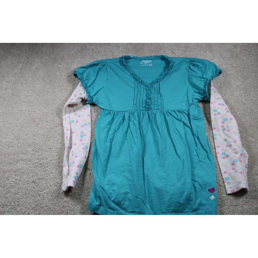 OshKosh Shirt Girls Size 10 Blue Layered Long Sleeve‎ Floral Heart Graphic Top